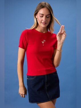 Embroidered American Flag Martini Cocktail Ribbed Baby Tee - Sunday Edition